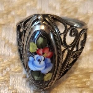 Floral Enamel Silver Ring